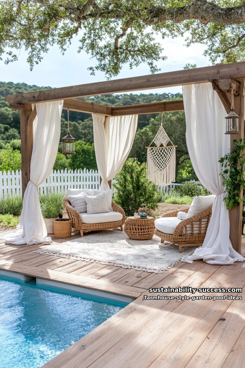 farmhouse-inspired pool cabana with boho decor and linen curtains 1