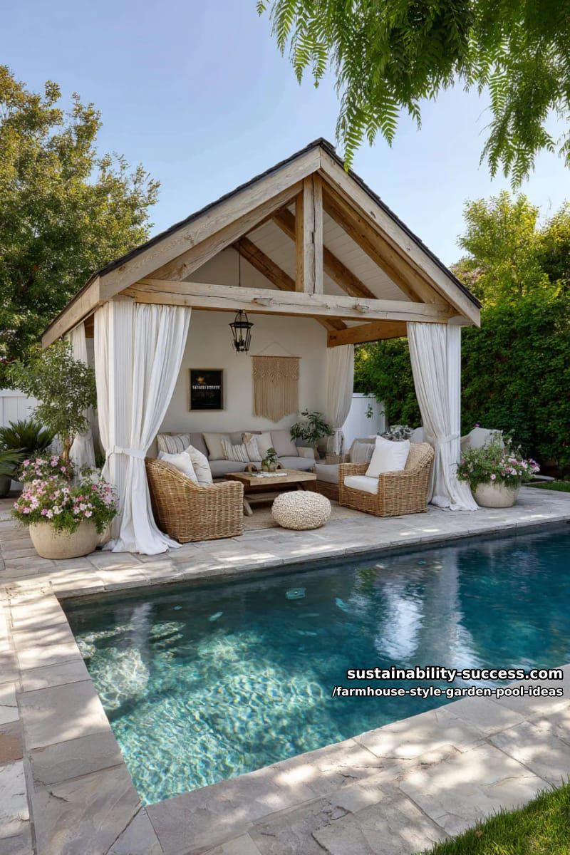 farmhouse-inspired pool cabana with boho decor and linen curtains 1