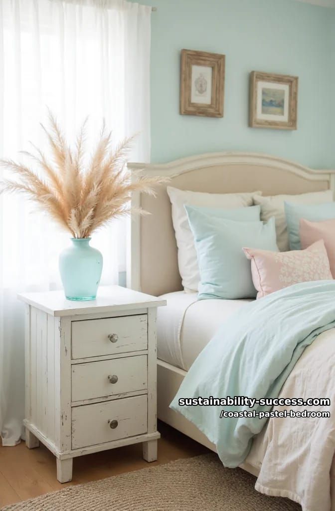 faux pampas grass arrangement in sea-glass vase on bedside table 1