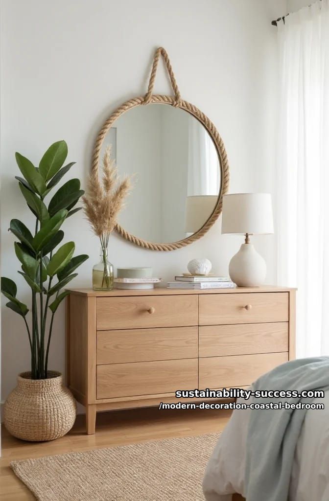 feature a statement rope mirror above a minimal oak dresser. 1