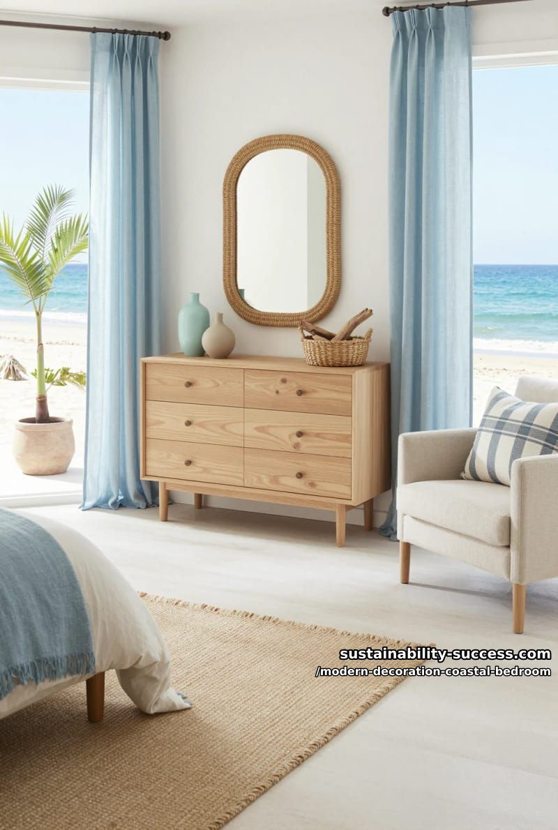 feature a statement rope mirror above a minimal oak dresser. 1