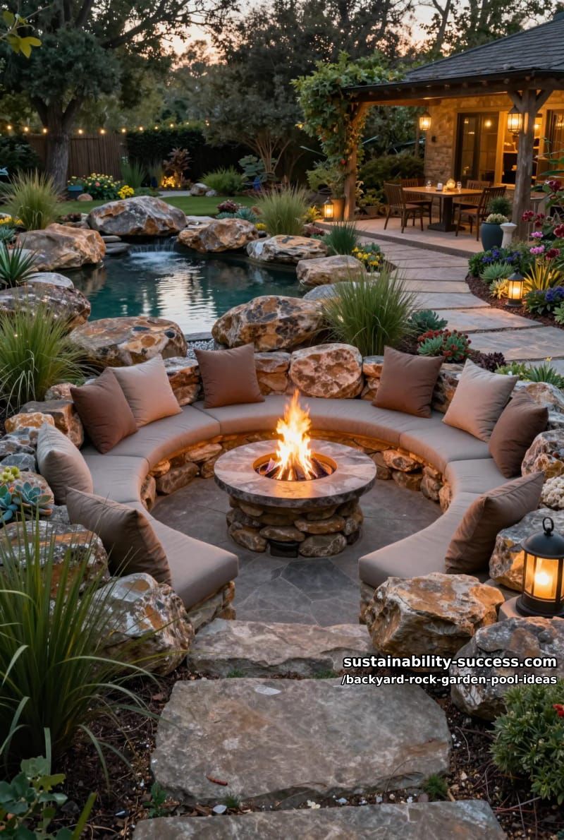 firepit lounge area nestled among smooth boulders beside the pool’s edge 1