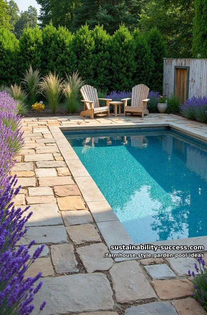 flagstone pool deck with lavender borders and cozy adirondack chairs 1