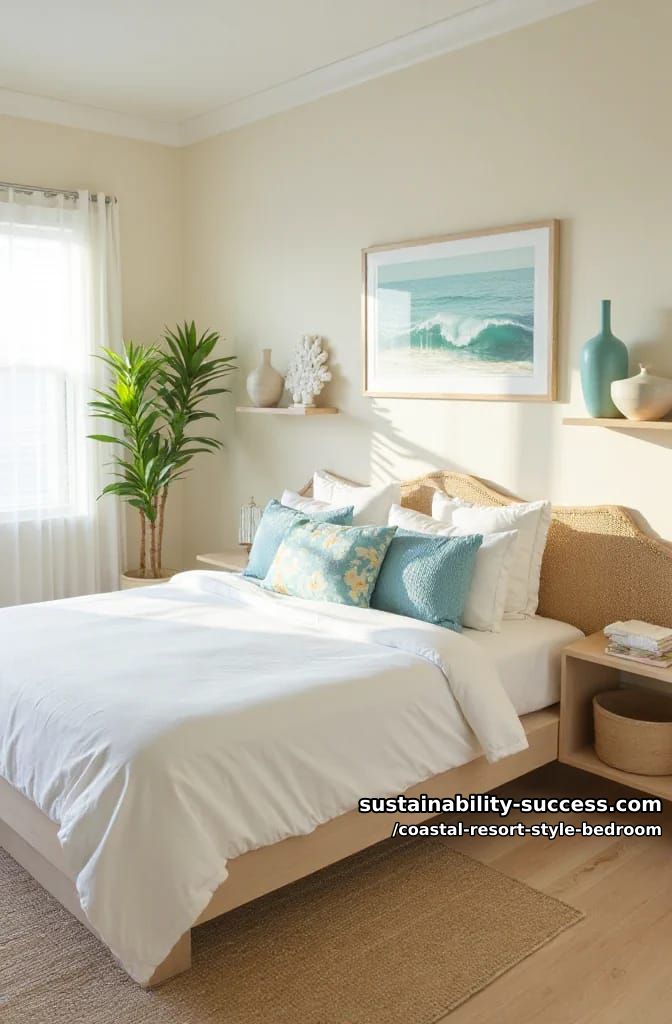 floating bedside shelves with ceramic coral and pottery vases. 1