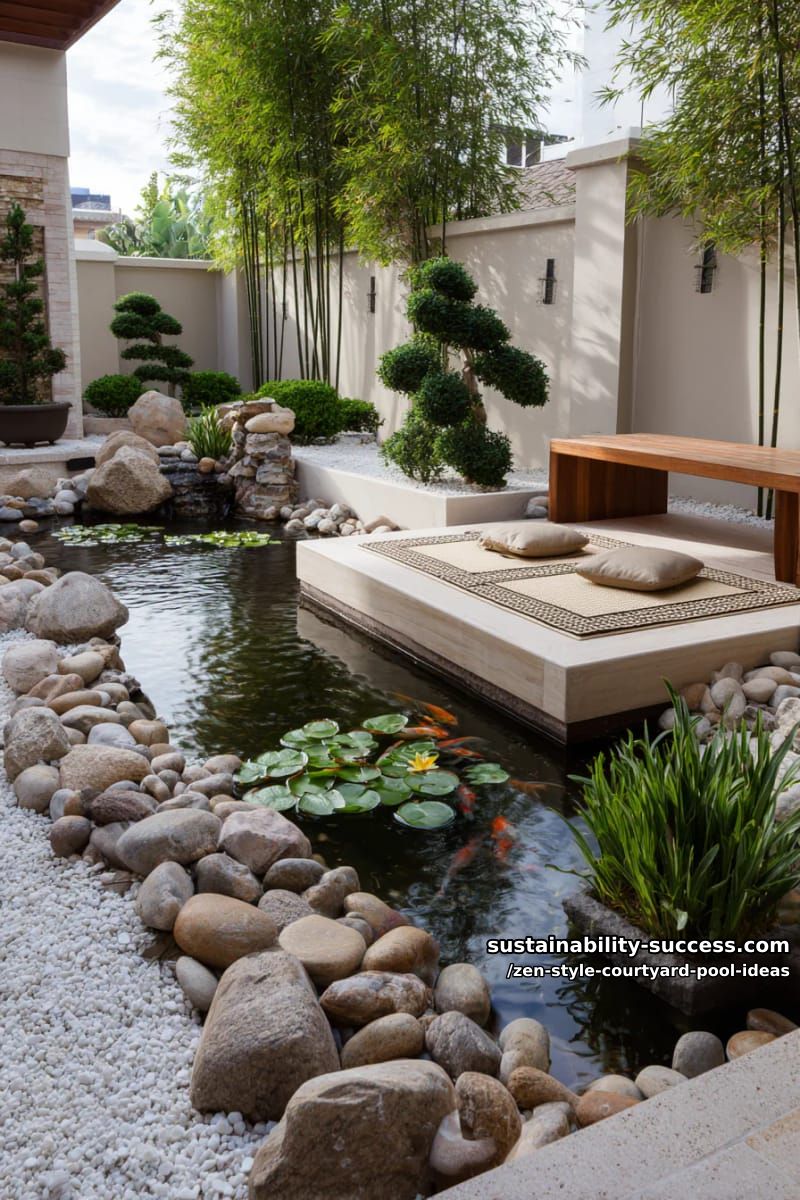 floating meditation platform in the middle of a koi pond-style pool 1