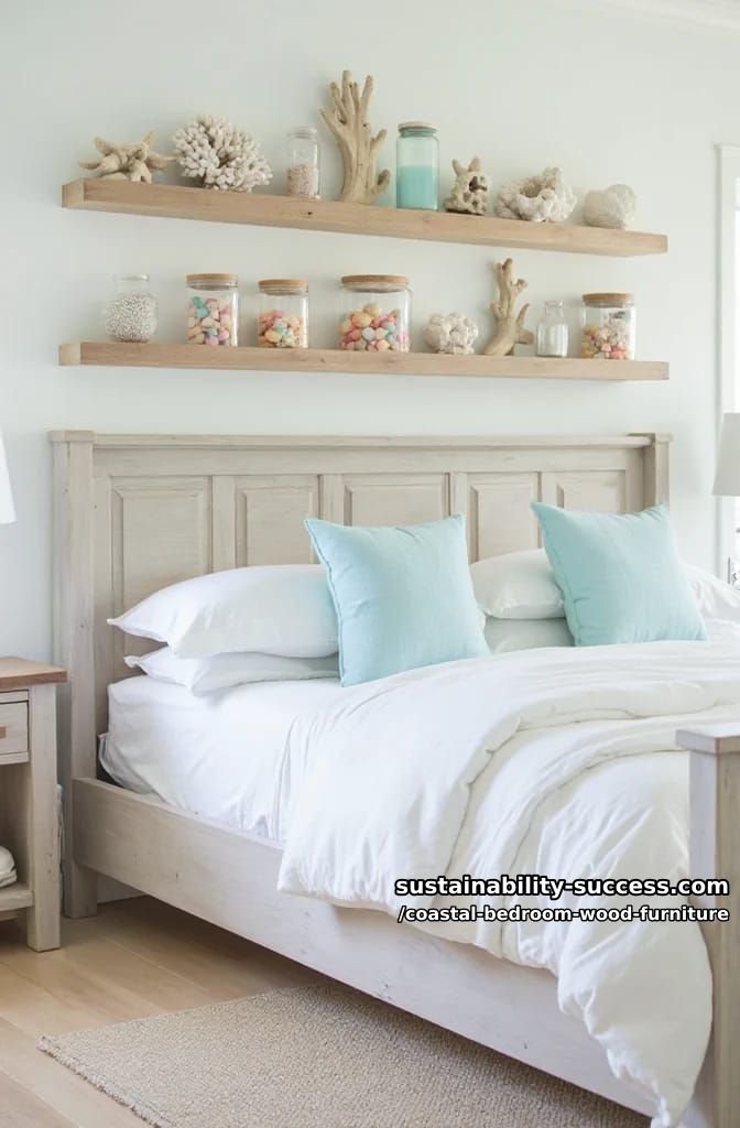 floating wooden shelves above bed, decorated with coral and beach finds 1