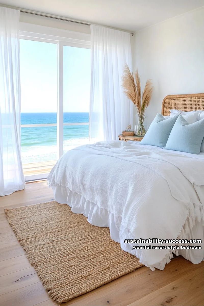 floor-to-ceiling sheer white curtains framing a panoramic ocean view window. 1