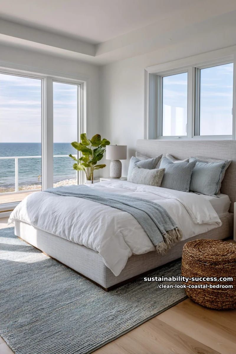 15 Clean Coastal Bedroom Ideas for a Serene Retreat 12 floor-to-ceiling windows, low-profile bed, soft blue-gray area rug 1