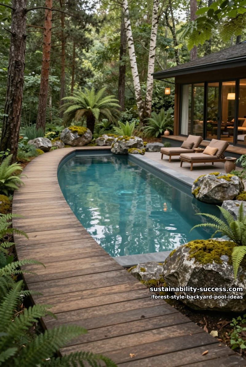 forested lap pool with wooden boardwalk and sculptural boulder landscaping 1