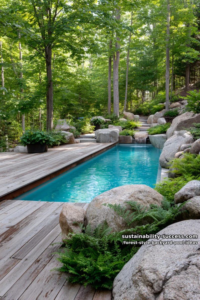 forested lap pool with wooden boardwalk and sculptural boulder landscaping 1