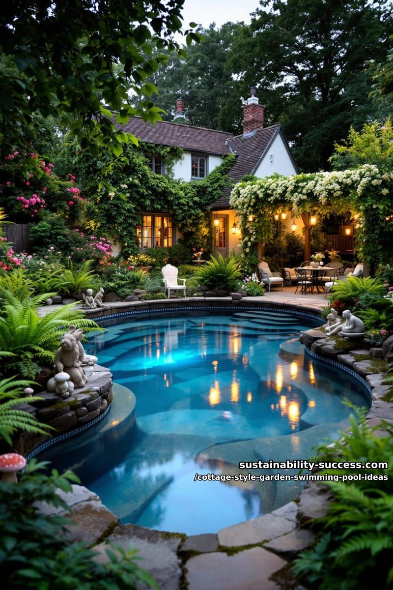 freeform pool bordered by fern gardens and whimsical garden statues 1