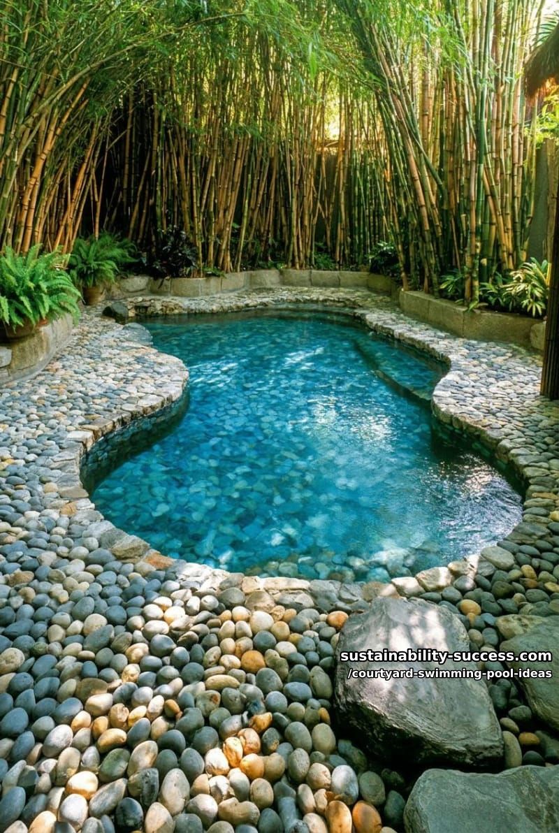 freeform swimming pool surrounded by pebble stone flooring and bamboo 1