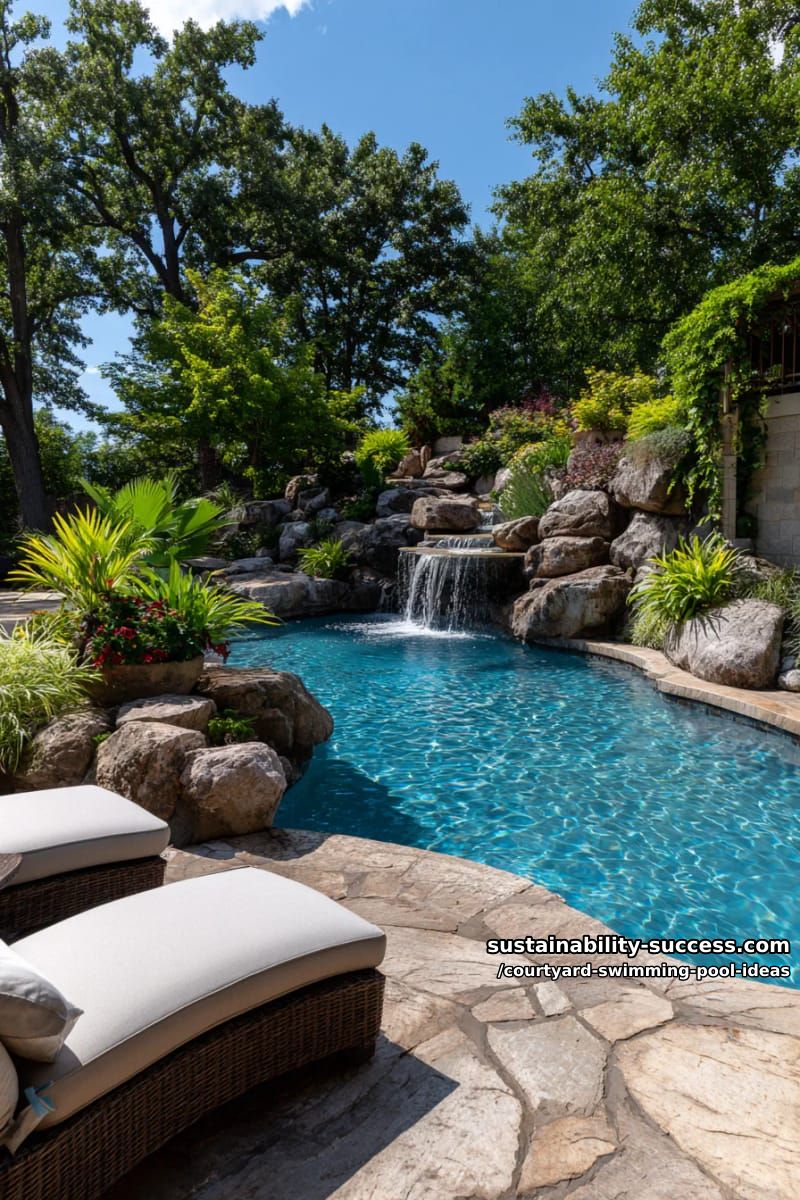 freeform swimming pool with stone waterfall and natural rock landscaping 1
