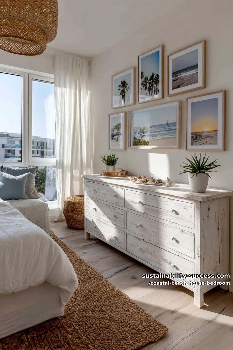 gallery wall of framed beach photography above a whitewashed dresser 1