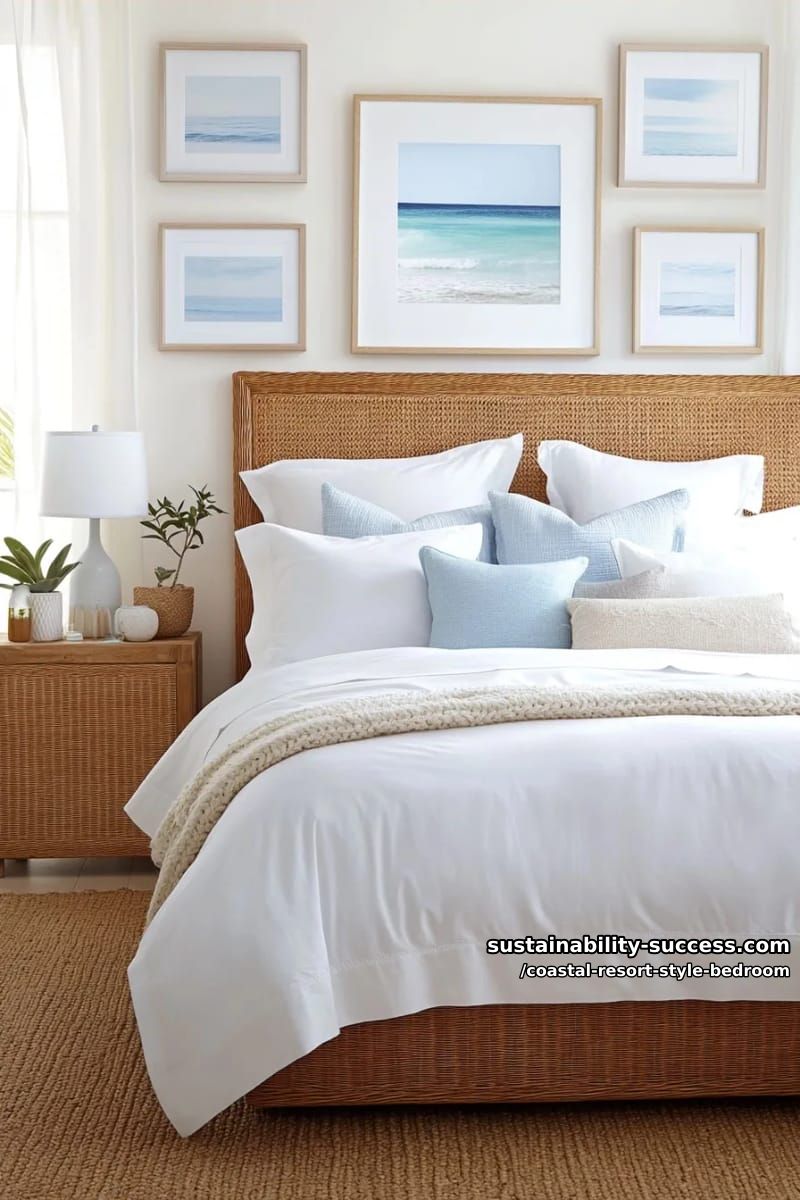 gallery wall of framed, pastel-hued beach photography and abstract ocean art. 1