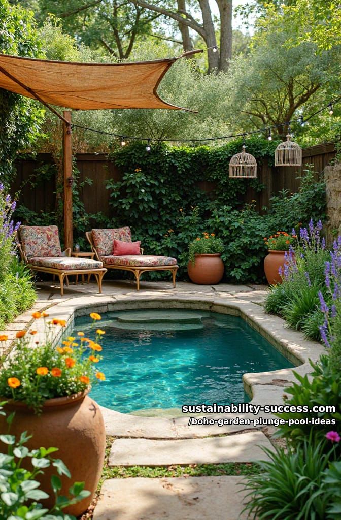 garden plunge pool bordered by wildflowers and oversized terracotta planters 1
