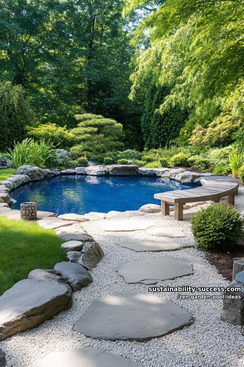 garden pool area with winding pebble walkways and low stacked stone walls 1