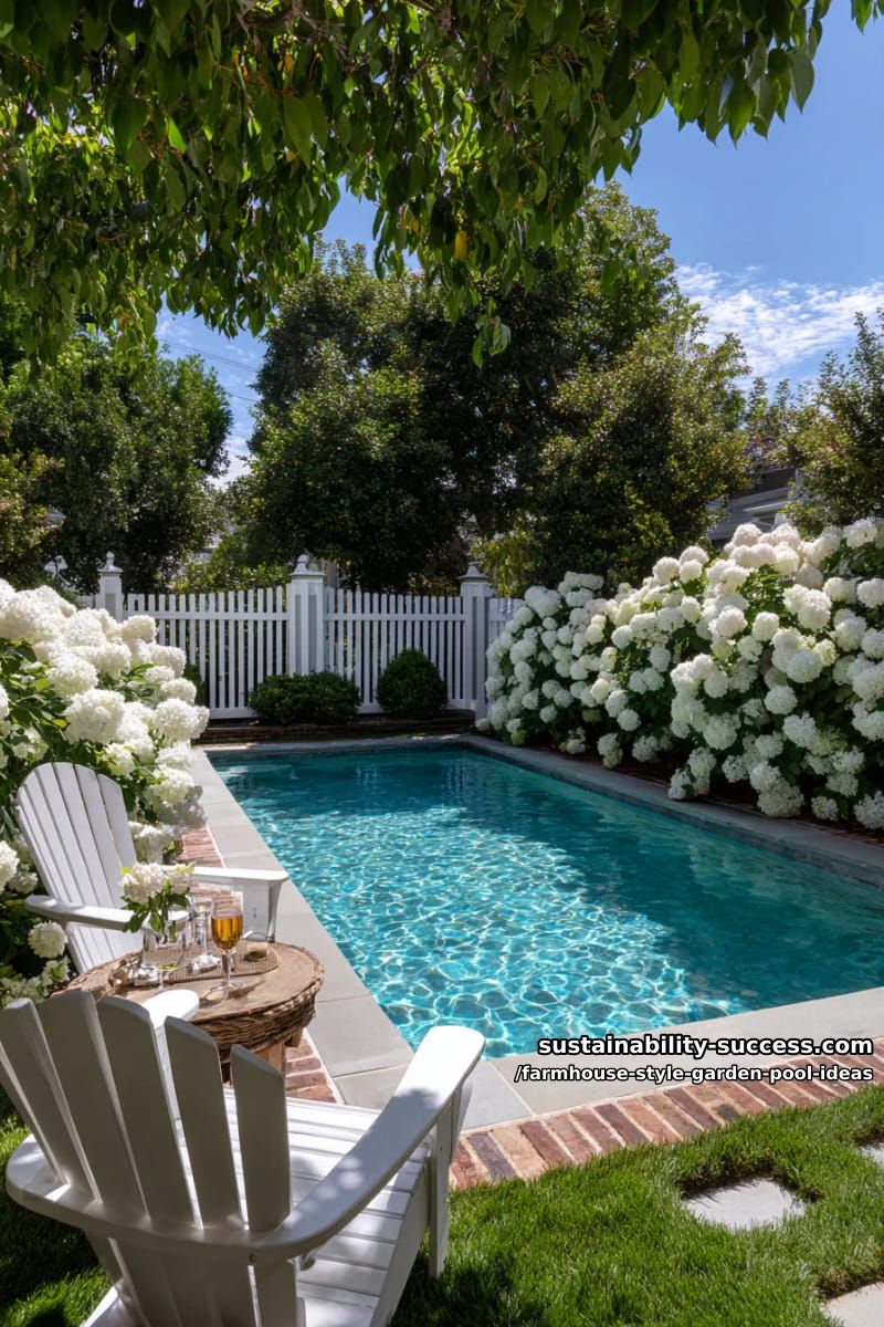 garden pool framed by lush hydrangeas and classic white picket fence 1
