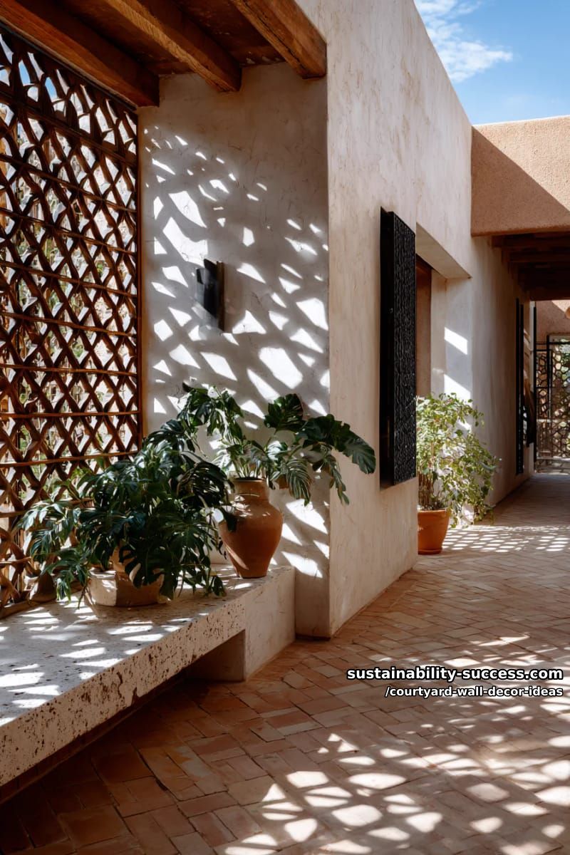 geometric lattice screen casting dramatic shadow patterns on courtyard walls 1