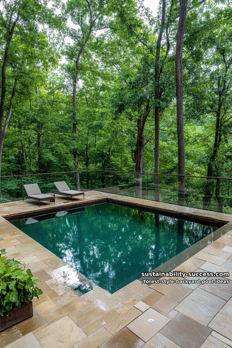 geometric pool with glass railing and panoramic woodland views 1