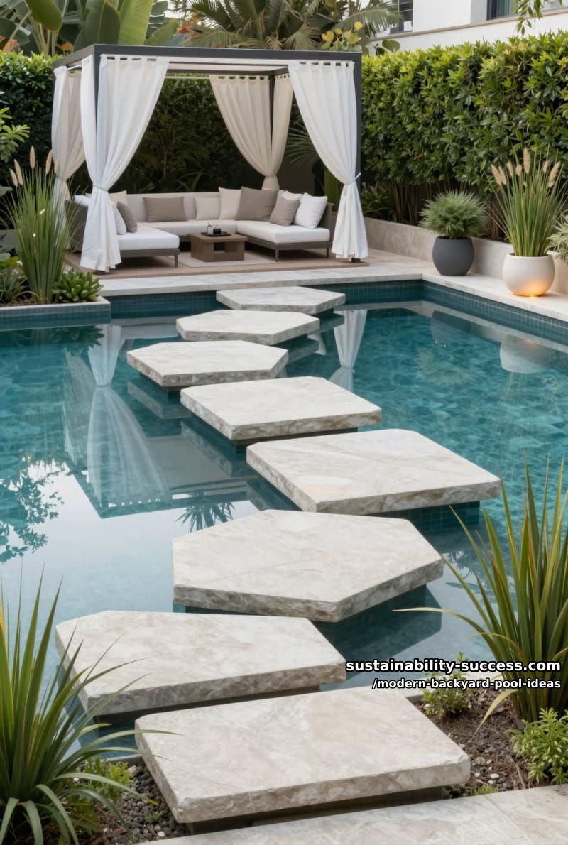 geometric stepping stones over water connecting patio to poolside cabana 1