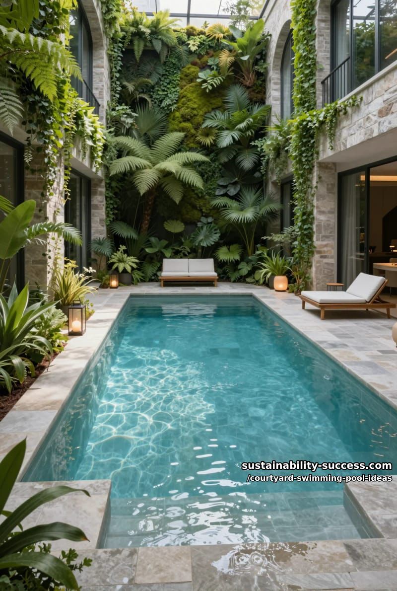 glass-walled rectangular swimming pool surrounded by vertical greenery and crawling ivy 1