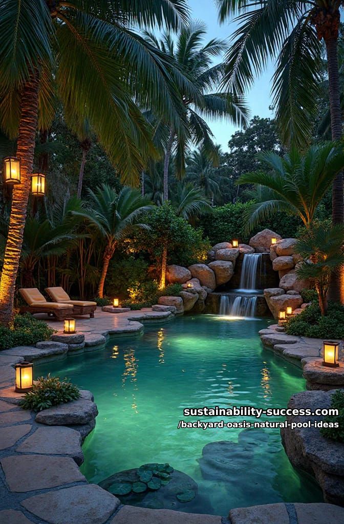 glow-up nighttime oasis with underwater lights and hanging lanterns among palm trees 1