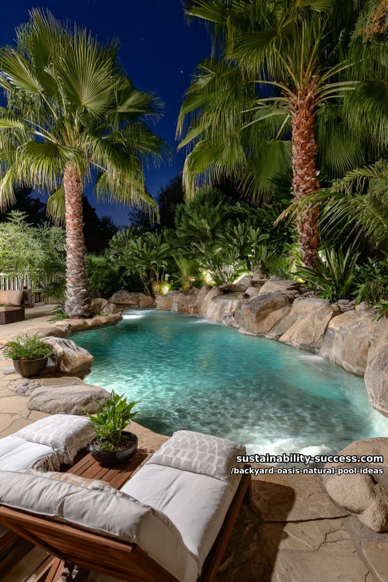 glow-up nighttime oasis with underwater lights and hanging lanterns among palm trees 1