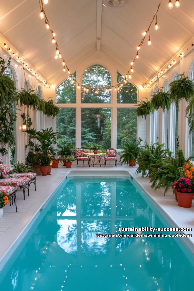 greenhouse-inspired pool room with string lights and potted ferns 1