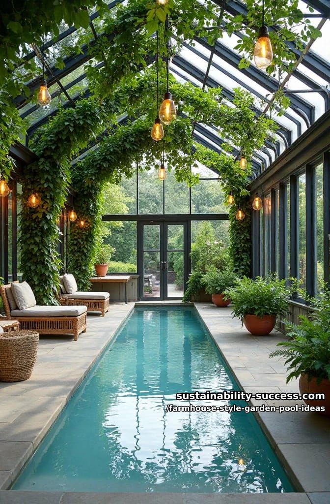 greenhouse pool room filled with trailing vines and lantern lights 1