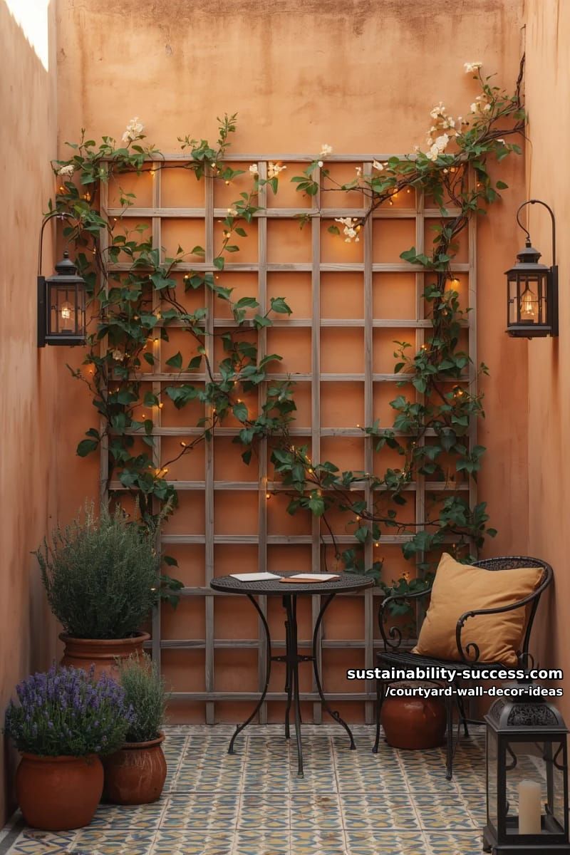 grid trellis with intertwining climbing vines and fairy lights 1