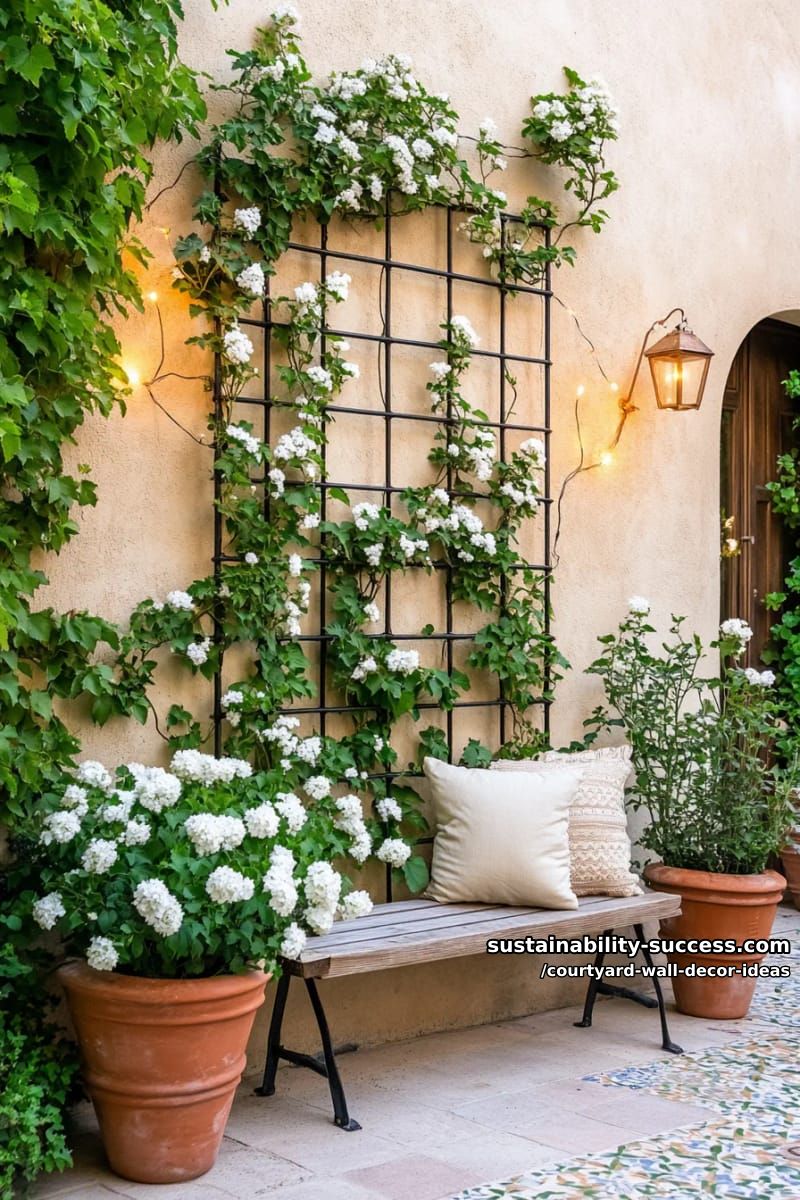 grid trellis with intertwining climbing vines and fairy lights 1