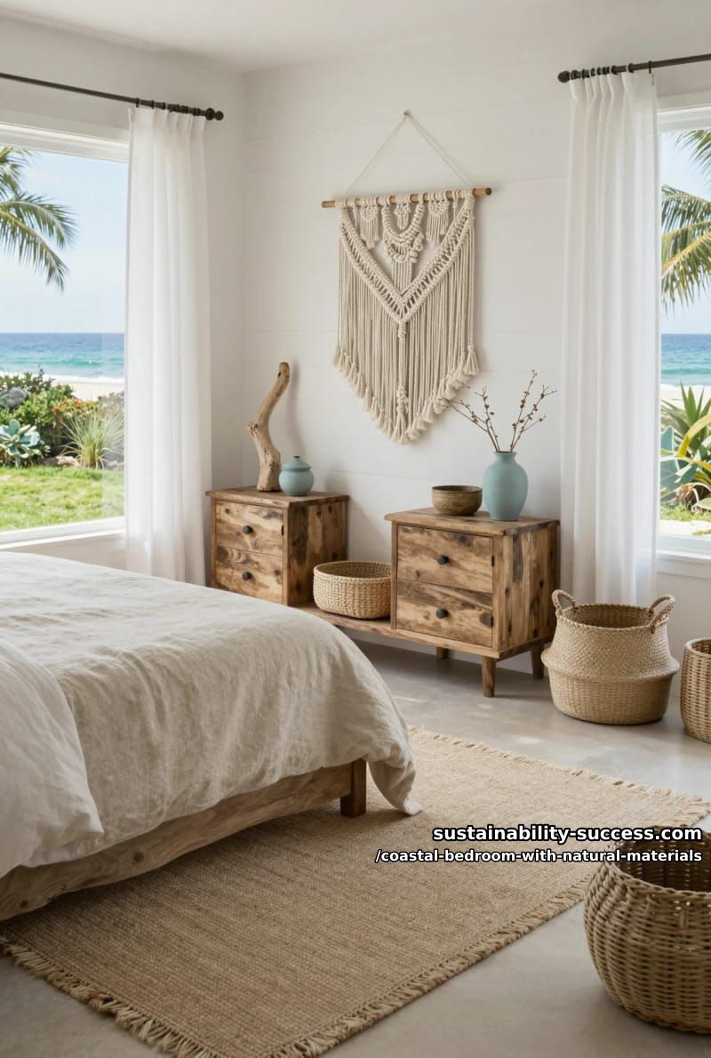 hand-knotted macramé wall art above reclaimed wood nightstands 1