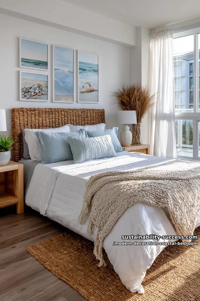 hang a gallery of coastal photography above a rattan headboard. 1