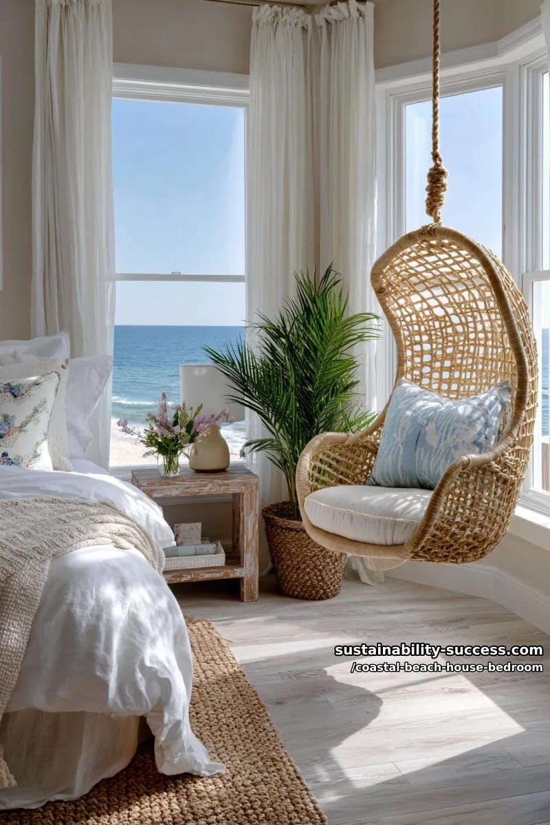 hanging rattan swing chair with seashell accent pillows 1