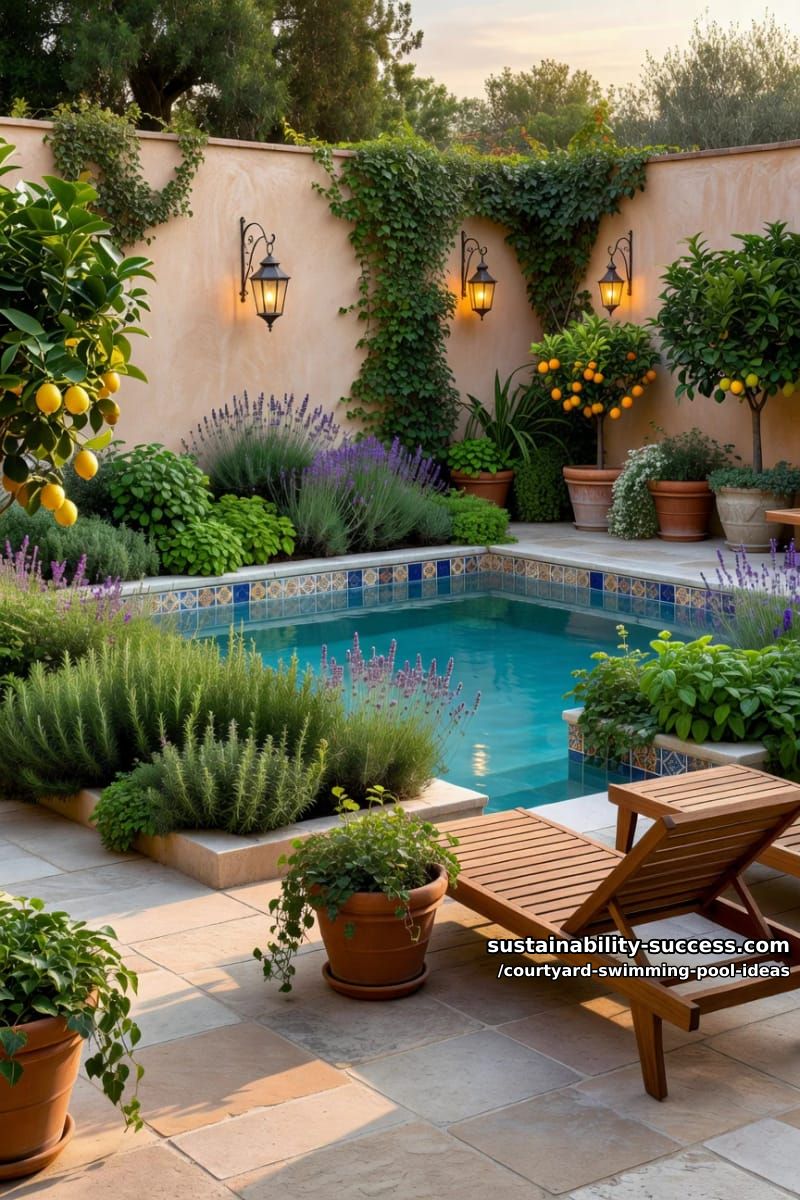 herb garden borders framing a serene lap pool in the courtyard 1