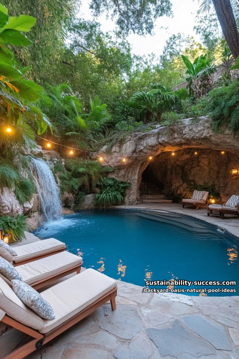 hidden grotto pool with natural rock entrance and twinkle lights overhead 1