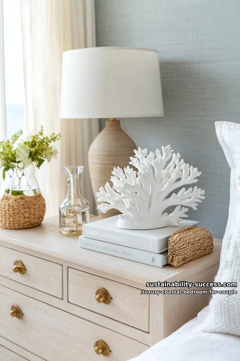 his-and-hers luxury resort nightstands with coral sculptures and books 1