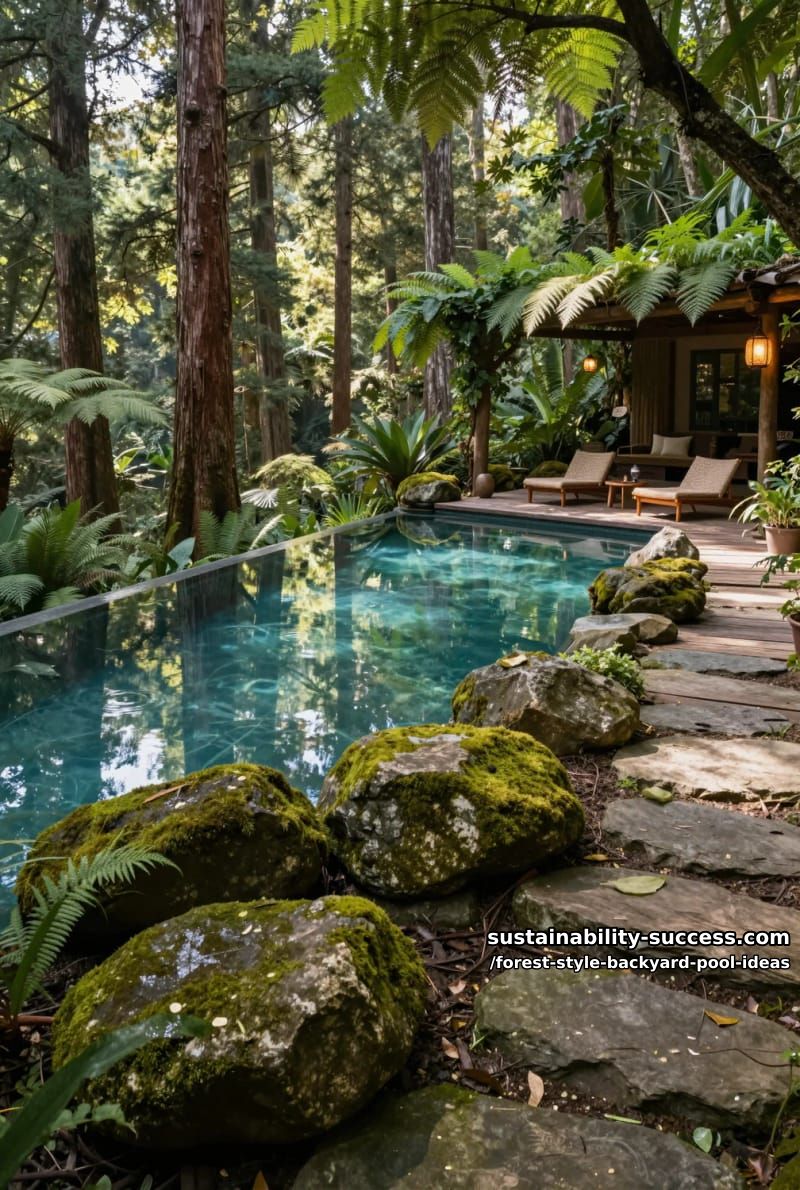 infinity-edge pool surrounded by mossy boulders and old-growth tree canopies 1