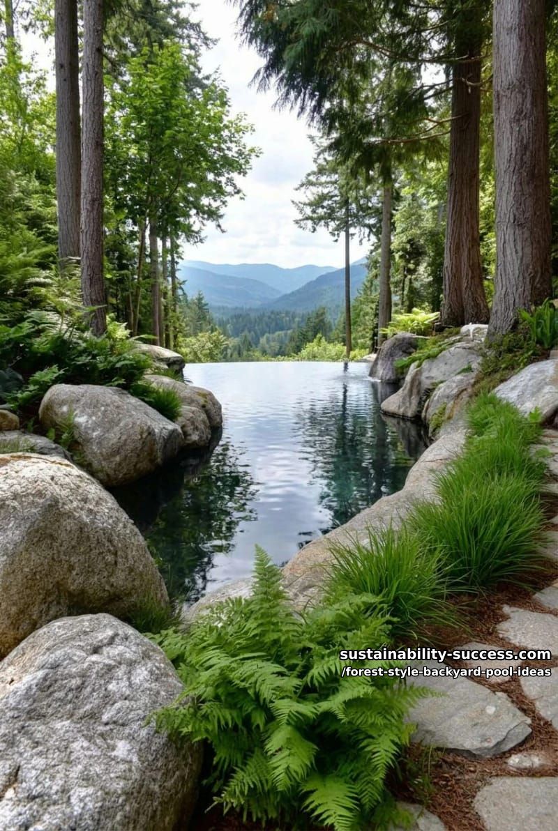 infinity-edge pool surrounded by mossy boulders and old-growth tree canopies 1