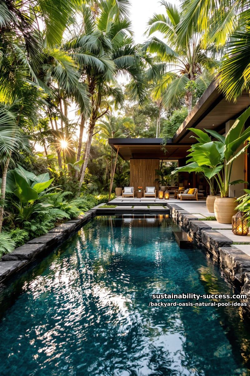 infinity-edge pool with dark natural stones and dense tropical landscaping 1