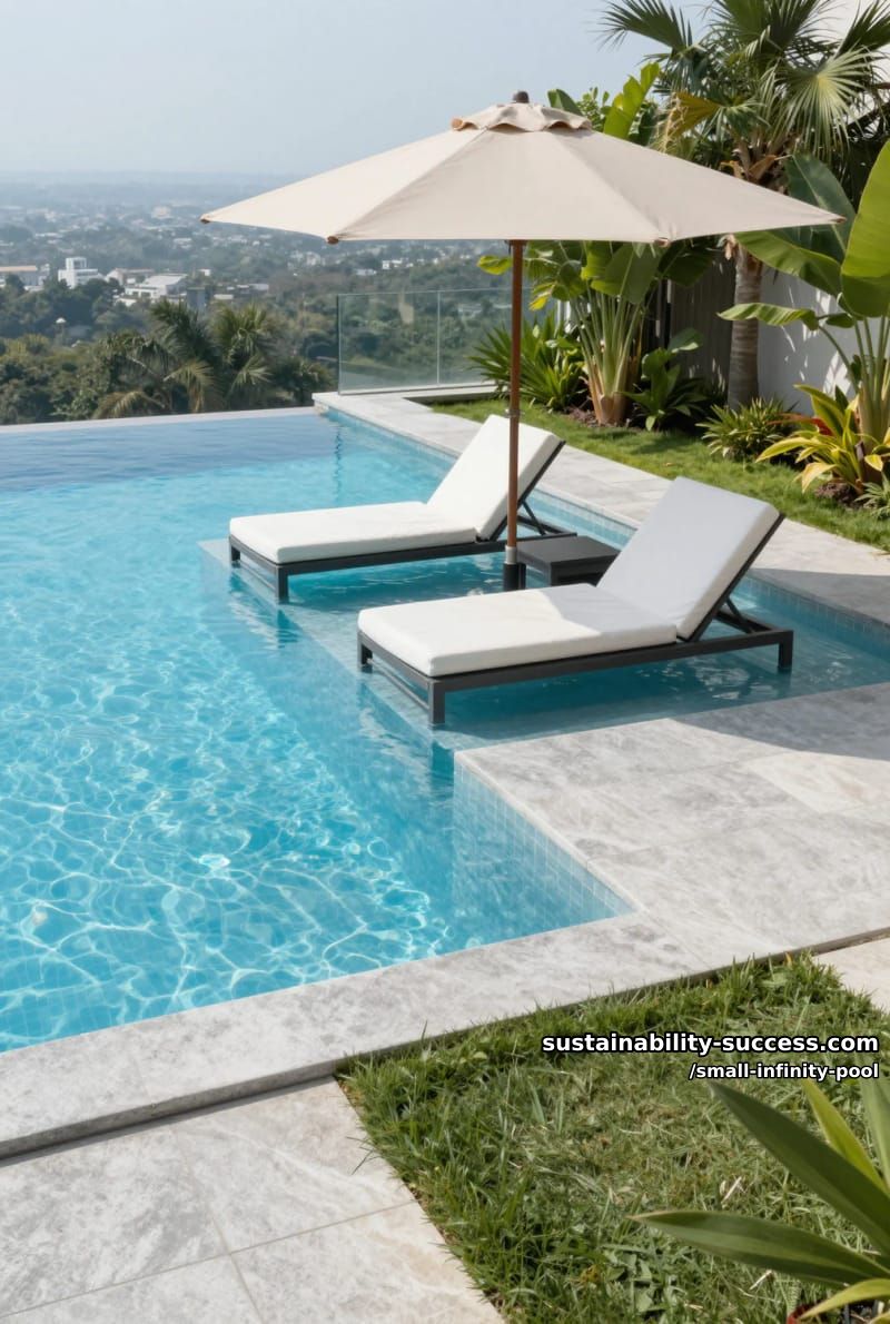 infinity pool with a submerged tanning ledge and umbrella for shade 1
