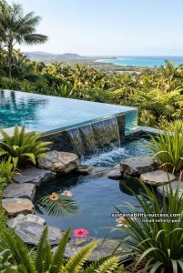 infinity pool with waterfall feature cascading into a stone-lined lower pond 6