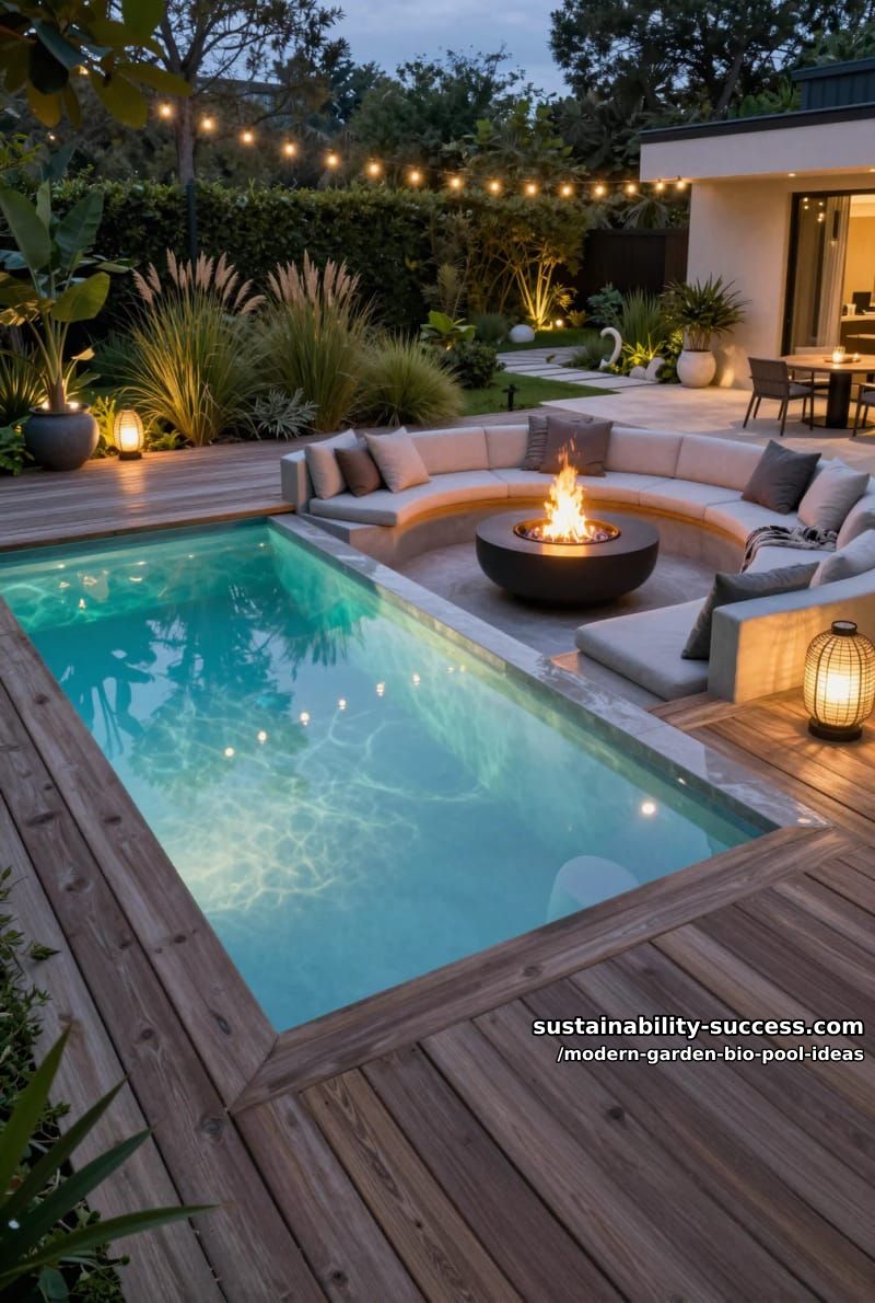 integrated fire pit and underwater led lighting for evening ambiance 1