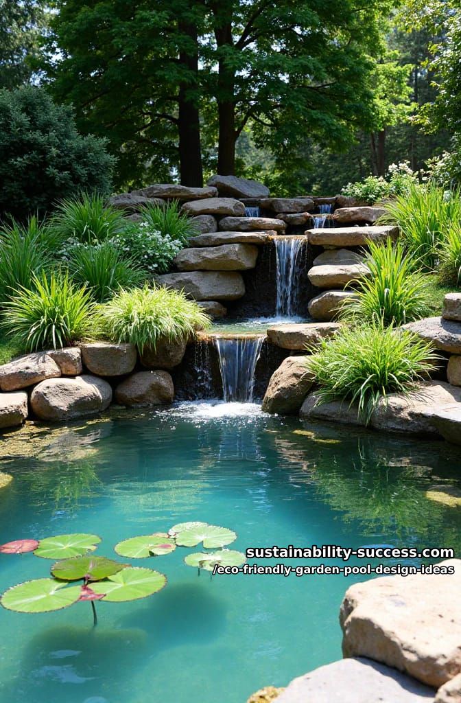 integrated waterfall cascading into a bio-filtration zone 10