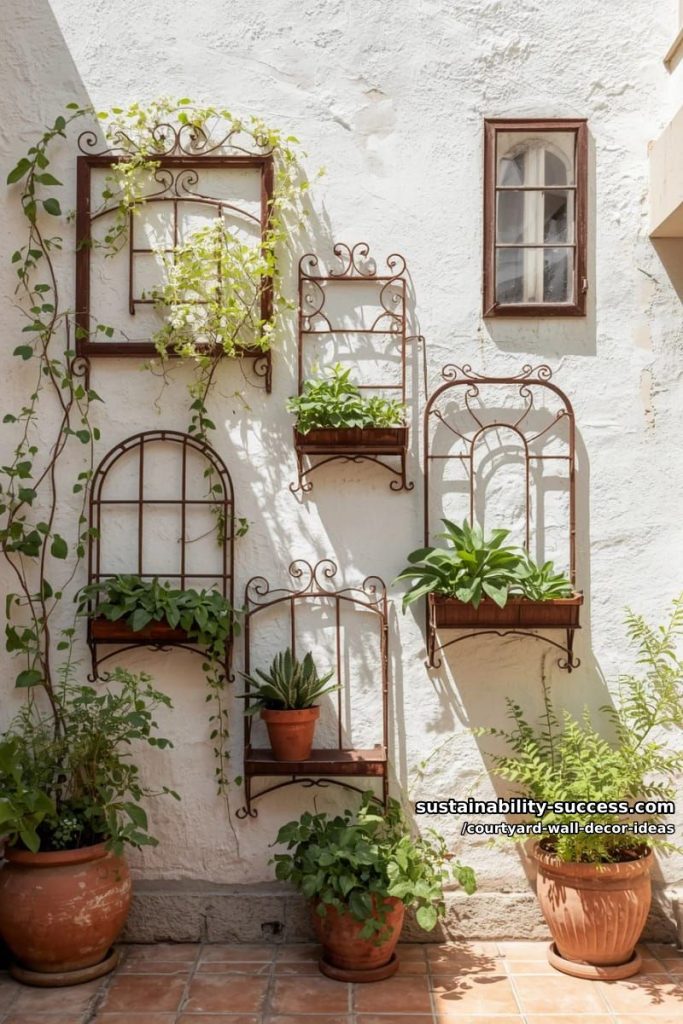 iron window frames repurposed as wall-mounted plant shelves 7