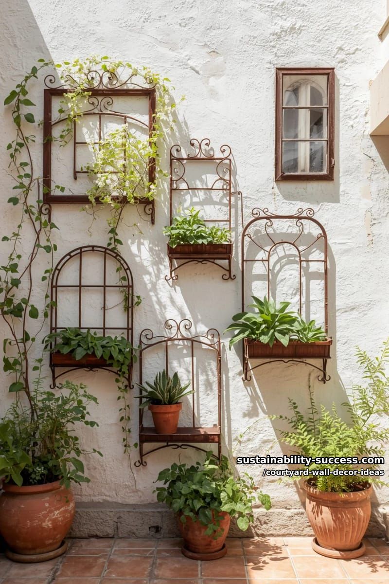iron window frames repurposed as wall-mounted plant shelves 1