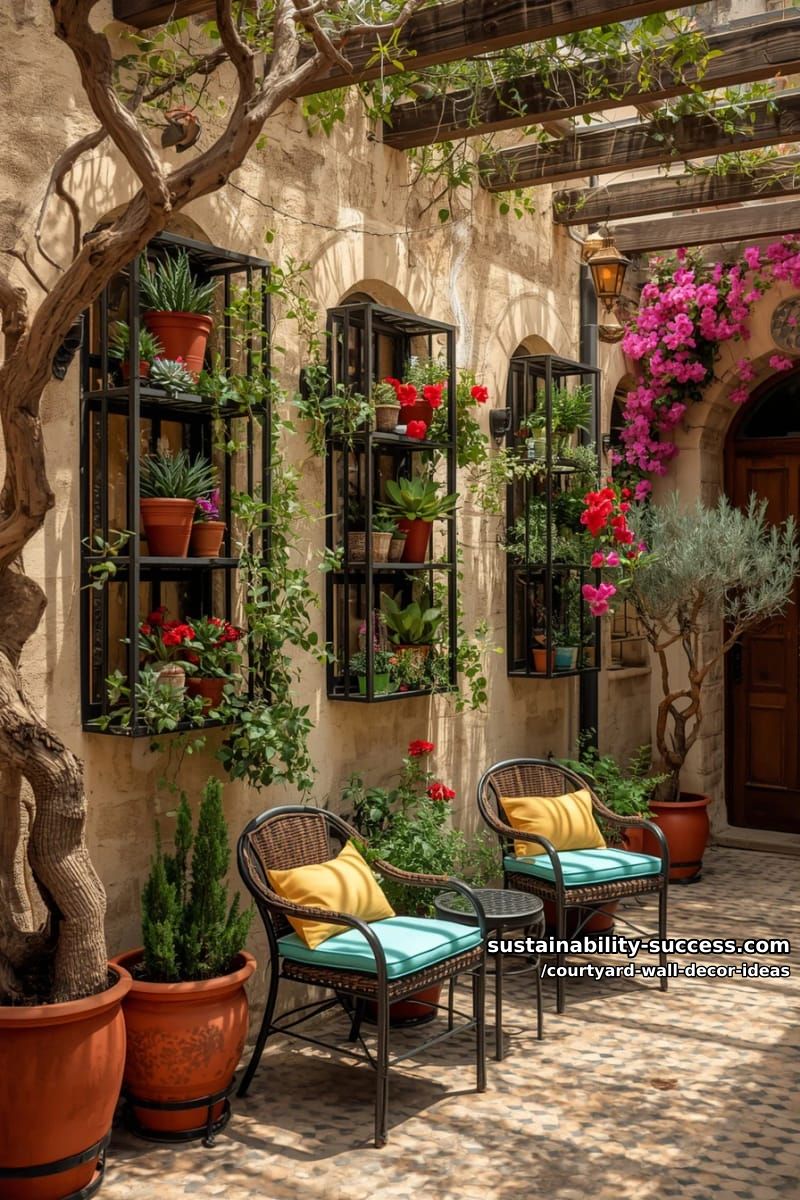 iron window frames repurposed as wall-mounted plant shelves 1