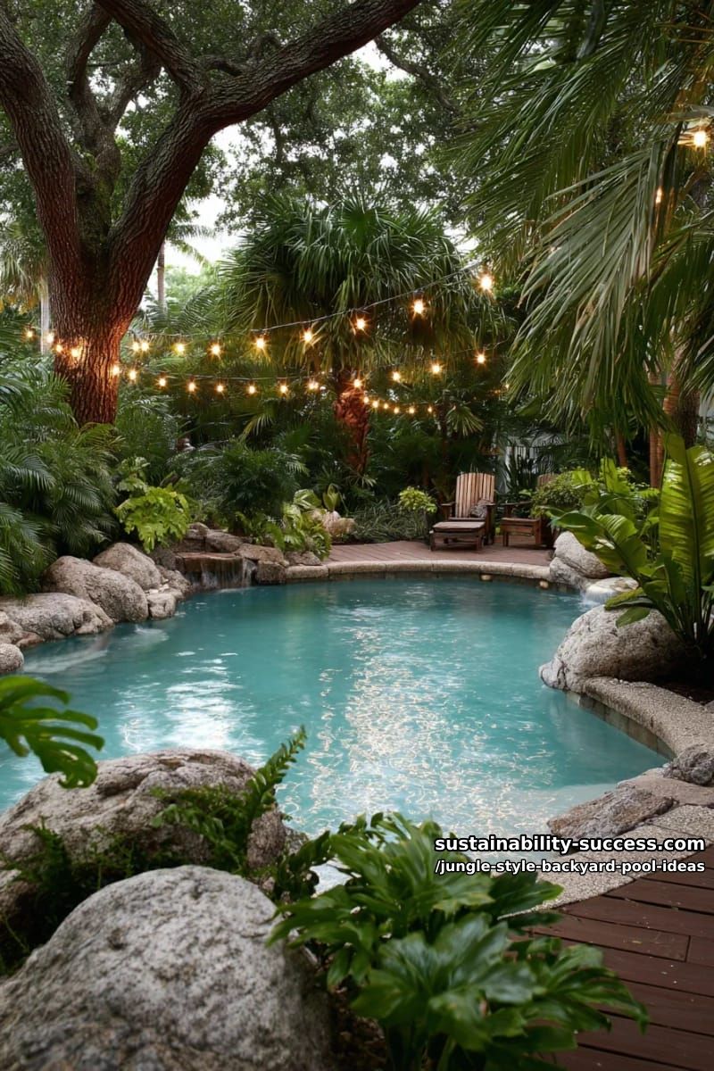 jungle-inspired fairy lights strung through trees for magical night swims 1