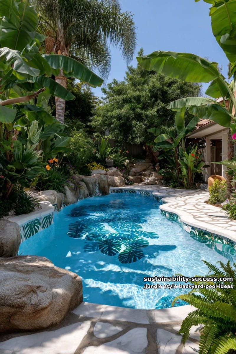 jungle mural tiles lining a curvy, freeform pool floor 1